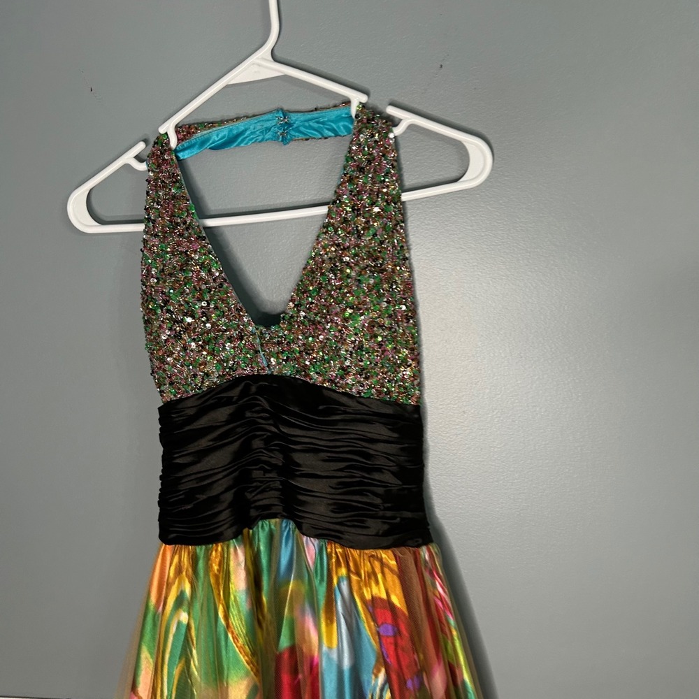 Cinderella Divine Halter Gown Sequin Beaded Abstract art Print Prom Dress Y2K - Picture 13 of 14